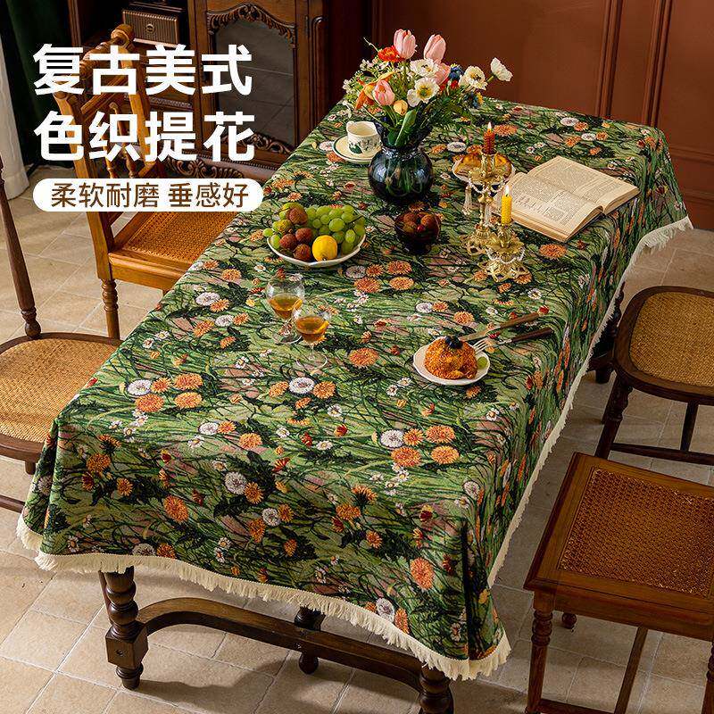 品油画美风式新复古桌布蒲公英桌提花流苏氛围感蒲公英桌装饰台餐