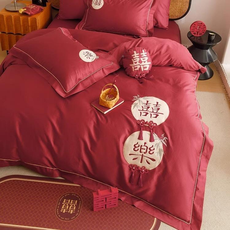 A类庆100S双绒股长w棉四件套中式喜婚乐刺绣大红结婚床被套品
