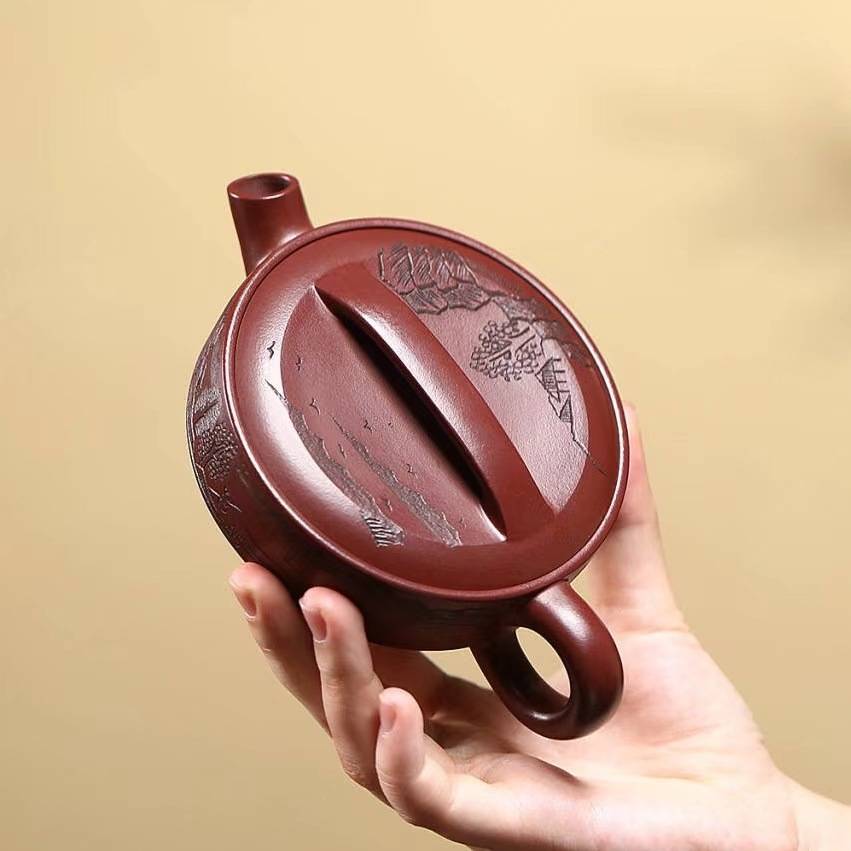 一片瓦壶 宜兴紫砂壶 直播原矿龙血砂大口汉瓦茶壶手工 红兔
