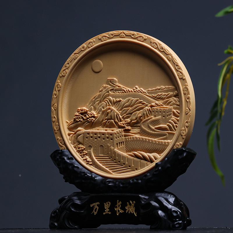 加拿大桧木雕创意件万里长城观赏摆盘家居玄FXN关木浮雕饰品厅摆