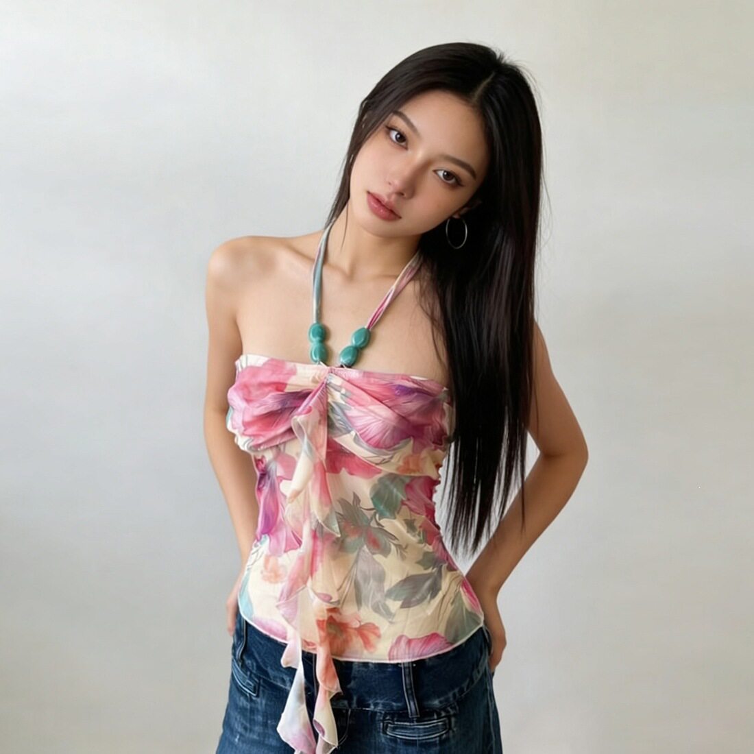欧美风2026春夏抹胸印花T恤