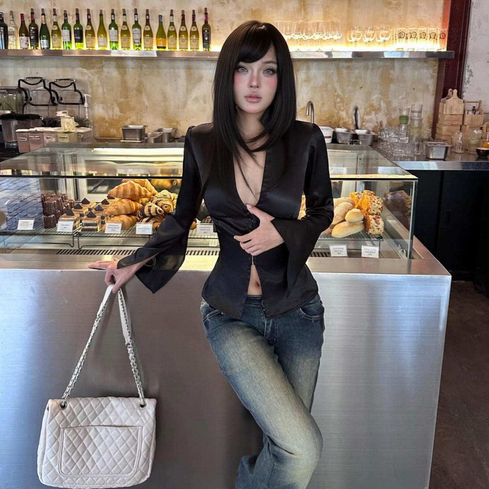 跨境欧美女装2026秋深V钩扣