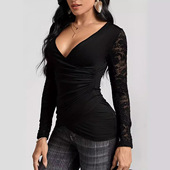 T恤修身 欧美2026秋季 纯色交叉拼接蕾丝袖 显瘦上衣女拼接设计