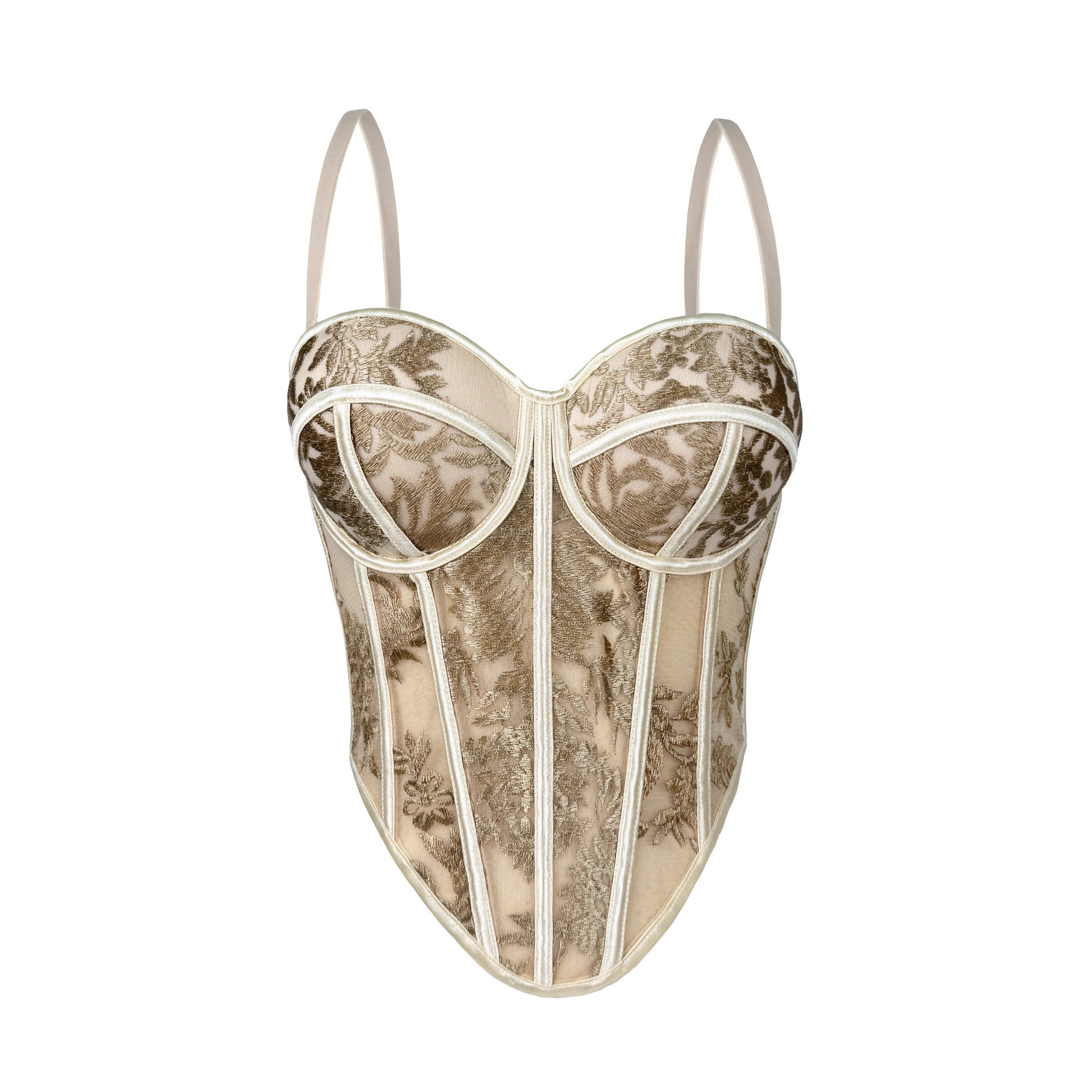 欧美刺绣鱼骨胸衣刺绣微透吊带背心塑身抹胸带胸垫鱼骨上衣