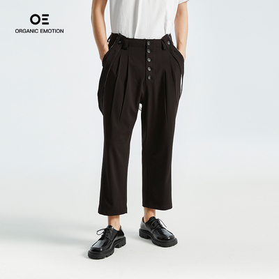 解构毛边设计背带黑色八分裤