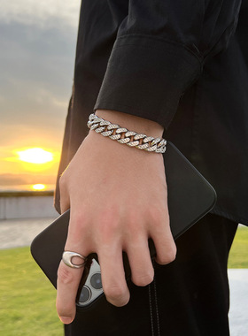 双排镶钻满钻古巴手链男女欧美嘻哈小众设计轻奢情侣手饰跨境