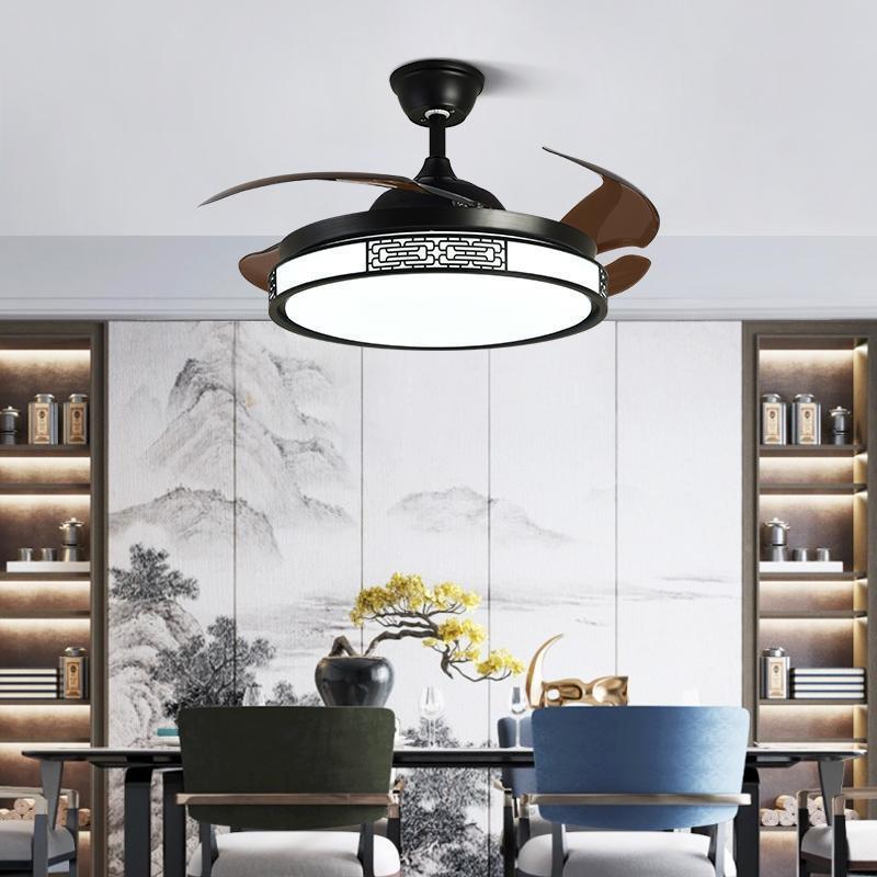 新客中式风扇灯餐厅隐形扇卧室色黑扇厅电扇现代轻奢新中式吊灯
