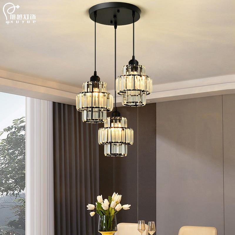 跨境水晶餐厅灯具轻奢现代简约家用吧台饭厅餐桌前台圆盘三头吊灯