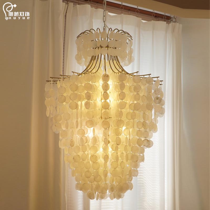 跨境法式奶油中古贝壳吊灯餐厅复式楼loft客厅灯复古中山家装工厂