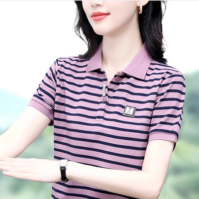 纯棉polo领短袖t恤女2024夏季翻领新款中老年妈妈装打底衫上衣