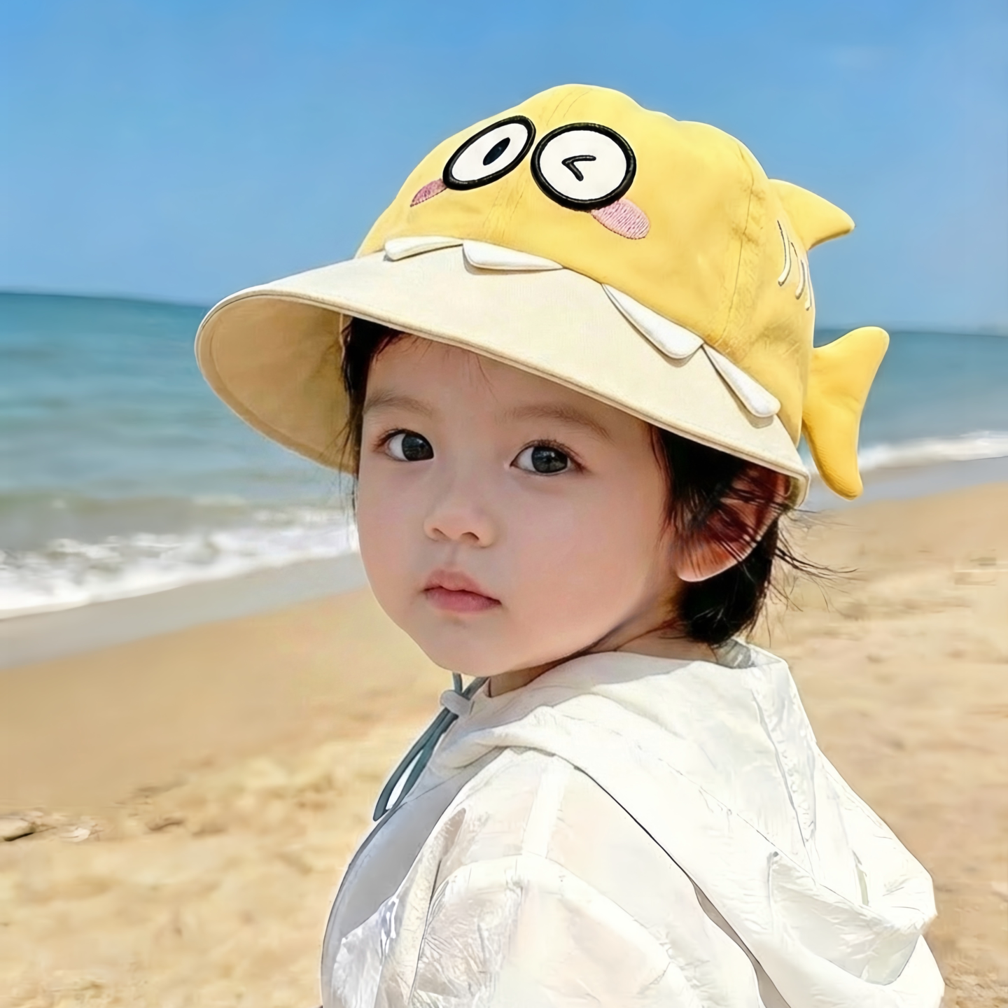儿童防晒帽女童男童户外遮阳防紫外线大帽檐速干全方位透气海边图片