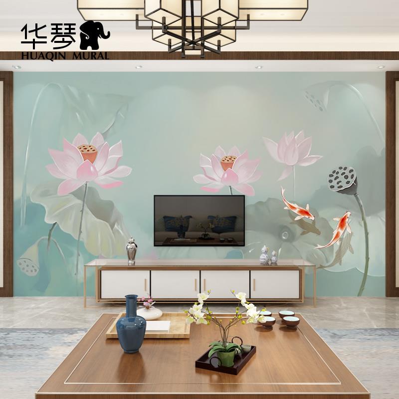 现代新中式荷花壁画家装客厅卧室书房墙纸茶室电视背景墙壁纸墙布