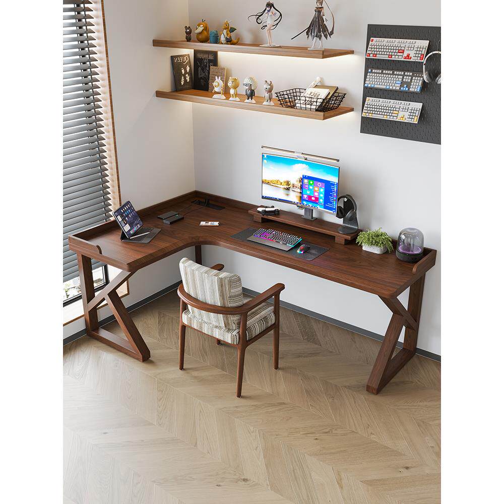 实木转角电脑桌带挡板家用台式办公拐角书桌墙角工作台L型电竞桌