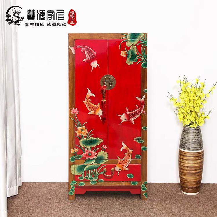 新中式荷花鲤鱼餐边柜仿古彩绘家具实木现代古典橱柜彩绘衣柜复古