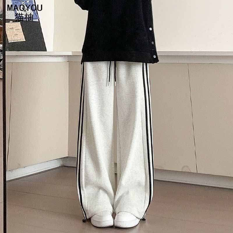 猫柚白灰色三条杠条纹阔腿夏季裤子夏季2025女校服休闲运动裤爆款,女装/女士精品,卫裤,淘宝优惠券,粉丝福利购,淘宝优惠卷