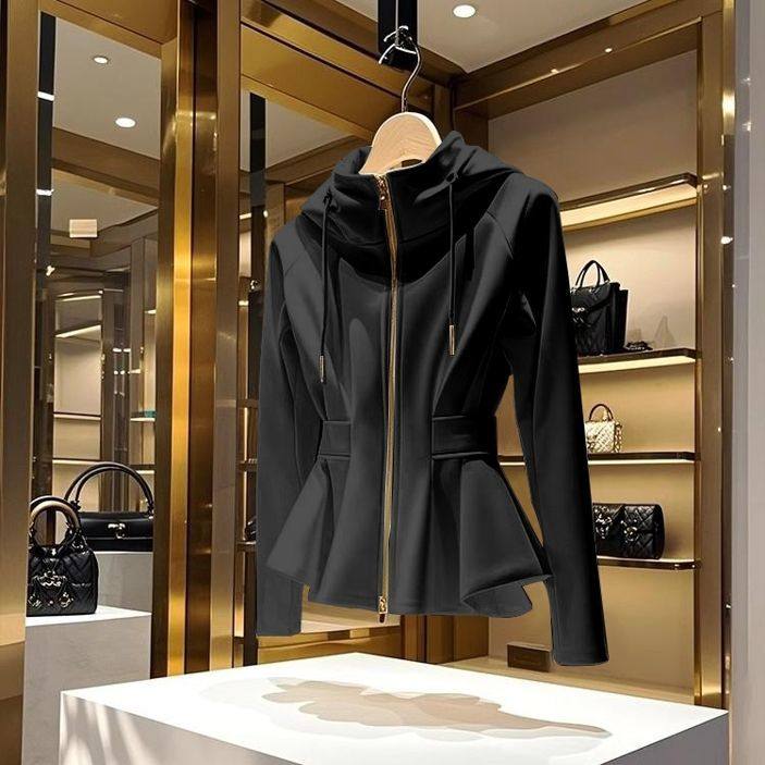 今年爆款黑色连帽卫衣外套女款2025早春新款收腰外穿拉链短款上衣