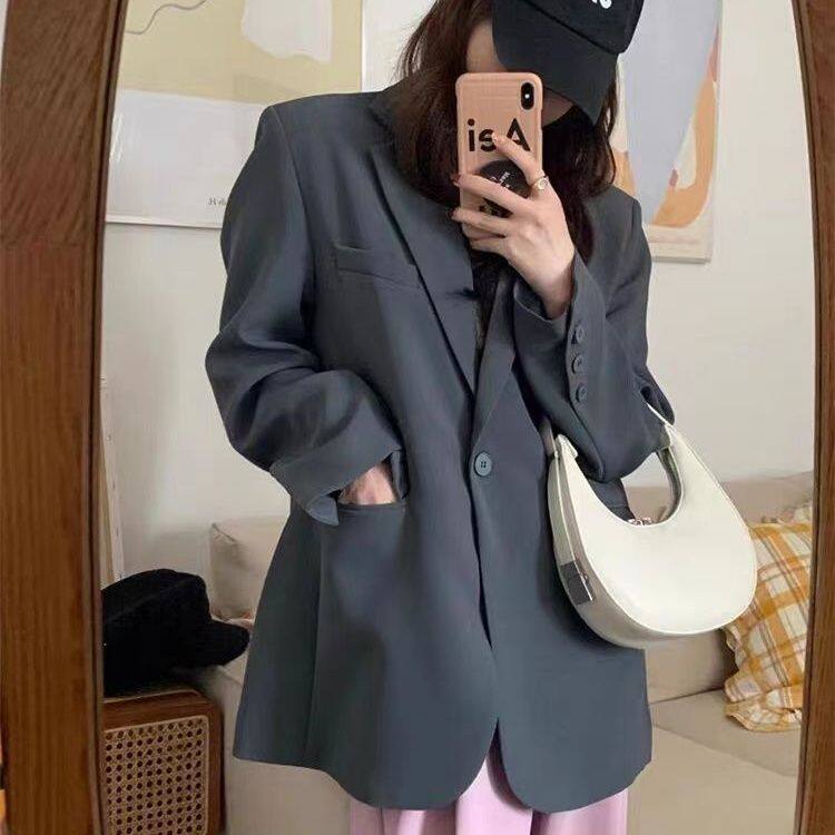深灰色西装外套女小个子2024春装新款韩版宽松休闲一粒扣炸街西服
