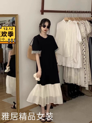 夏季薄款黑色短袖T恤连衣裙女装2024拼接设计感鱼尾长裙子