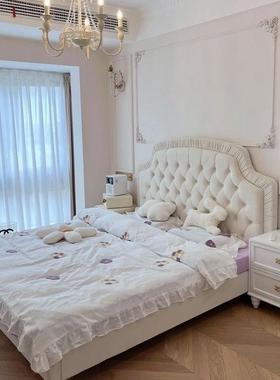 法式油风实木床轻奢拉扣布艺红床现代约双人奶主卧网TLT婚床简公