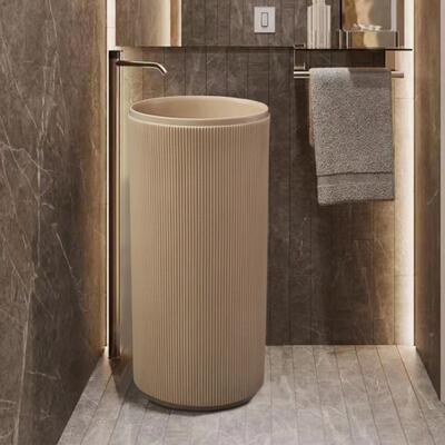 代简约奶油色柱盆人造石创657意立式洗手池体落地一式洗立现手台