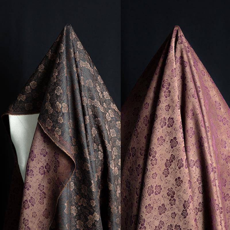 棕紫碎花真RCH丝云纱面料织中式双面异布色提花桑蚕香丝交服装料