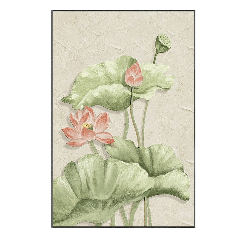 速发t 荷花玄关手绘油画新中式装饰画肌理感餐厅挂画落地壁图片