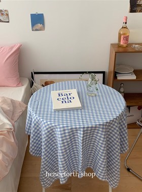 速发Blue G餐id 蓝色格布桌布韩系书桌盖纹野r布拍摄道具背景布
