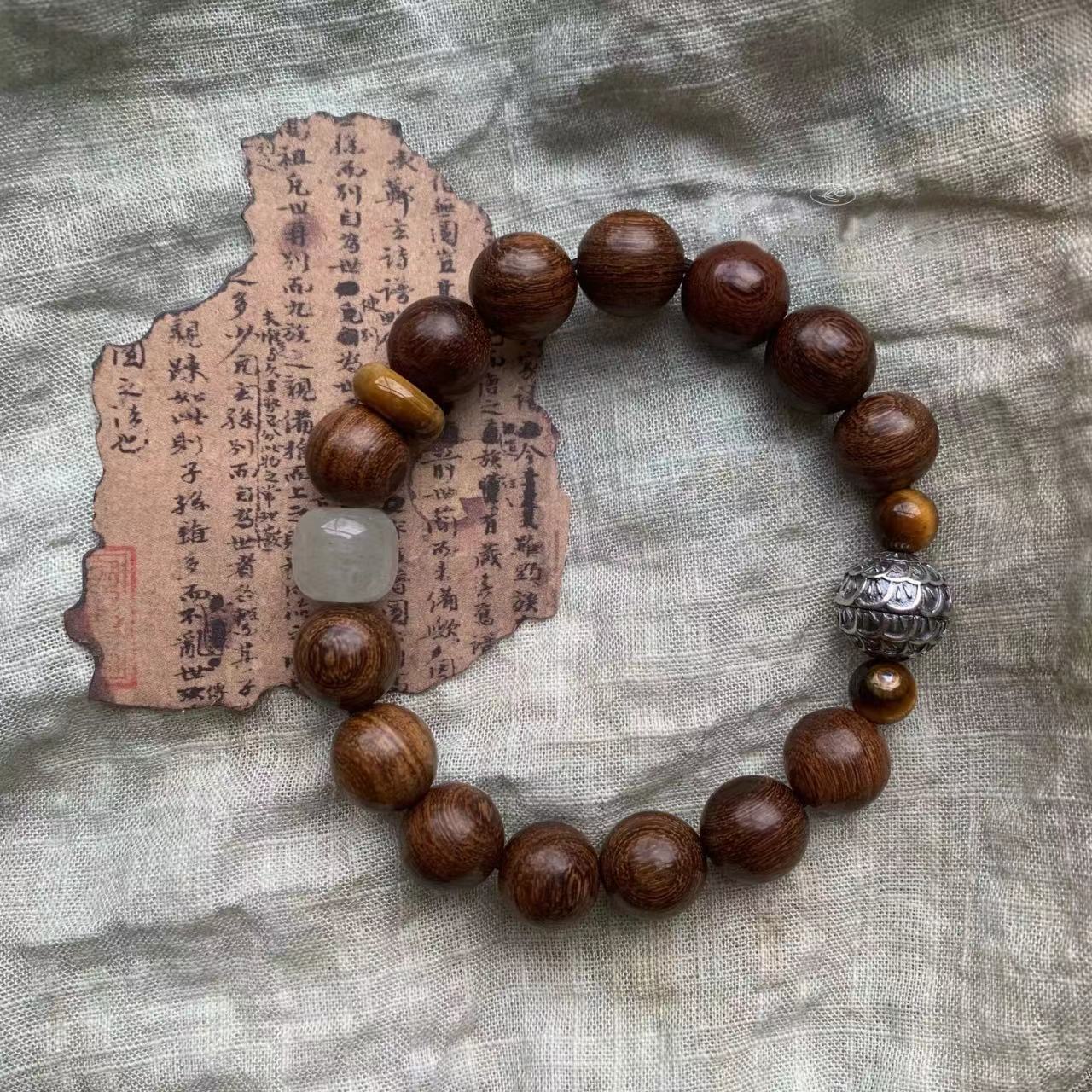 银色珠金丝檀木手串男士女新中式念珠佛珠文玩饰品礼物