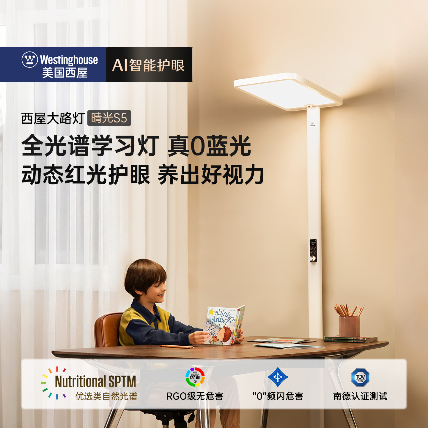 西屋落地护眼灯儿童专用学习大路灯全光谱阅读台灯钢琴灯晴光S5