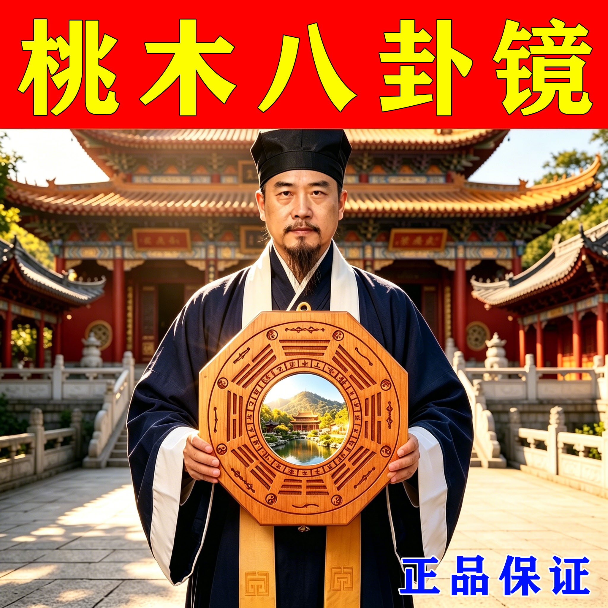 【正品】桃木八卦镜八角镜子挂件