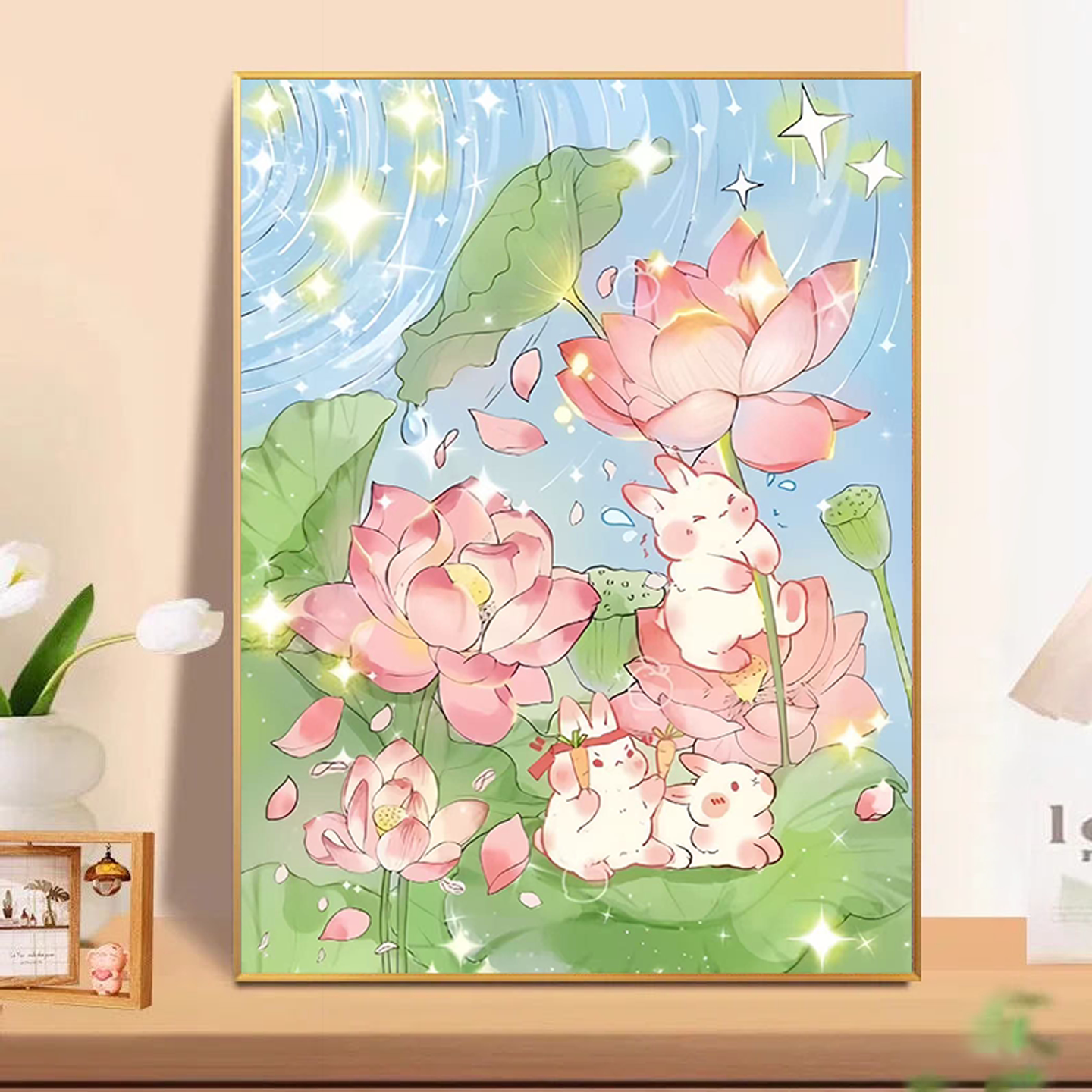 2026新款钻石画卡通粉色荷花兔子5d满钻卧室客厅带框手工diy贴钻