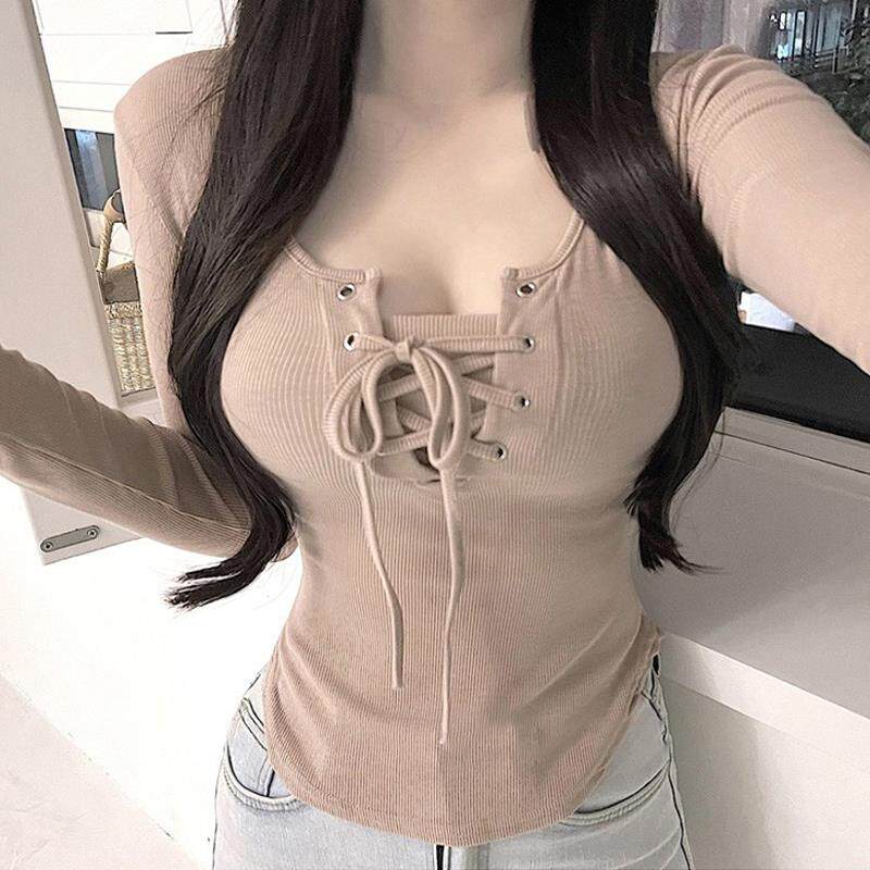现货抖音爆款性感爆乳系带U领长袖T恤女秋季设计感小众螺纹打底衫