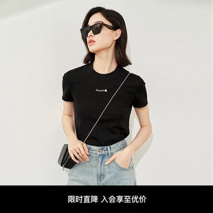 仿佛夏季 弹性t恤 简约气质高棉含量正肩短袖 圆领黑色字母印花修身