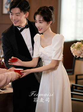 速发白色小晚礼服日证常穿订婚连衣裙缎面回门宴会毕业领可登记小