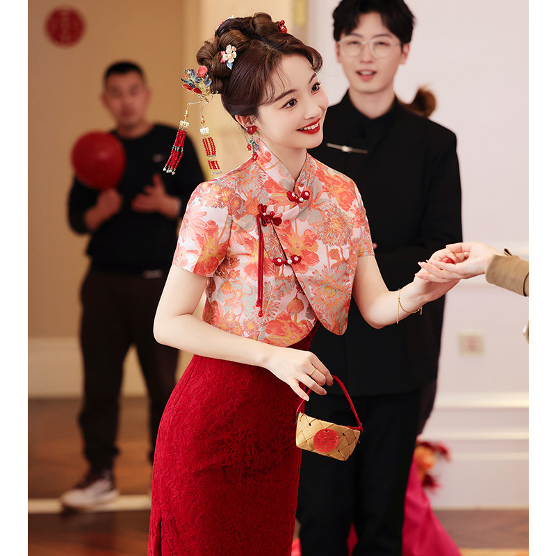 速发旗袍新酒服新娘小个子订婚礼服连中裙敬衣式改良结婚当天便装