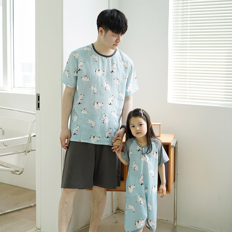速发亲子家居服一家三口!夏季双层竹棉宝宝睡袋薄款妈妈爸爸套装