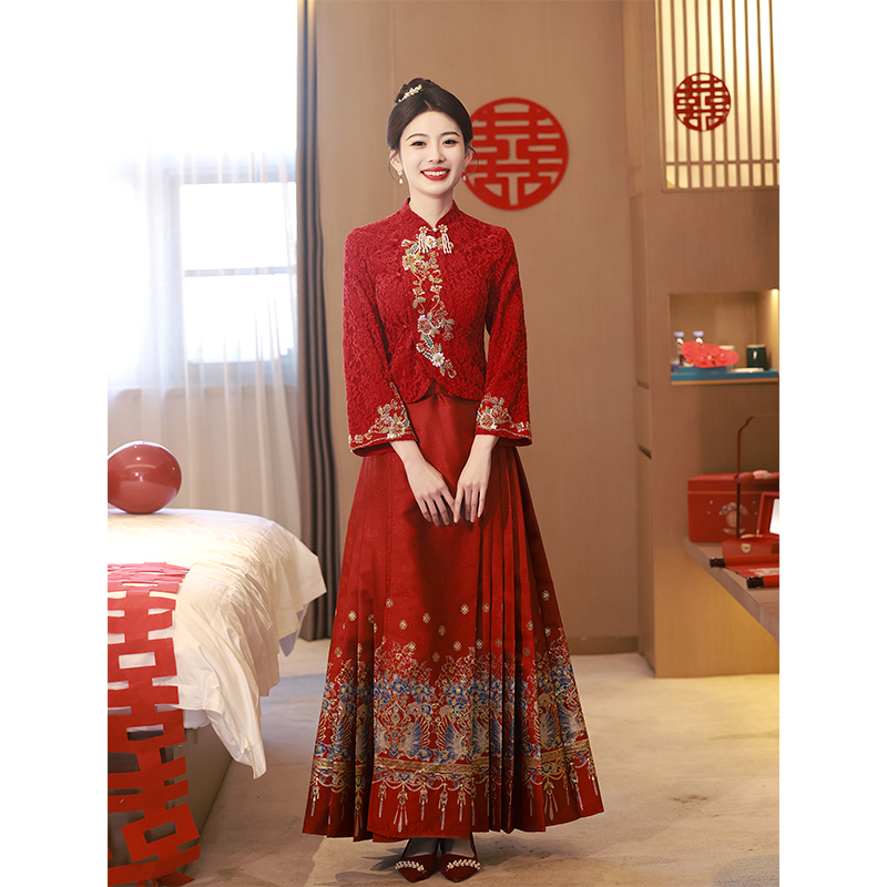 速发中新式国风马面裙婚服套装红色敬酒服订娘结婚秀禾服嫁衣新婚