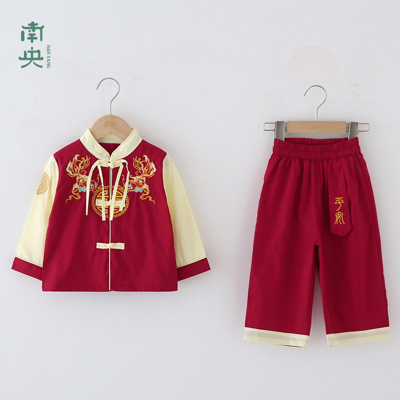 速发新中式汉服男童唐装红色宝宝周岁礼服儿童古装国风长袖套装春