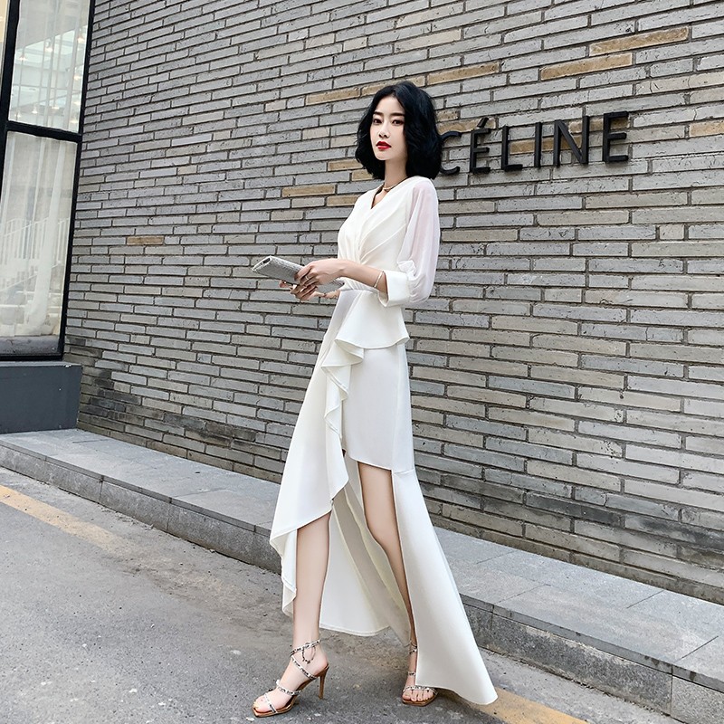 法式晚礼服女高级感平时穿2025新款白色主持人高端宴会气质连衣裙