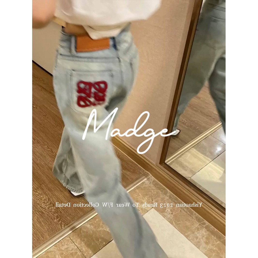 S.andro Madge复古刺绣直筒阔腿牛仔裤女2024秋季高腰显瘦休闲裤