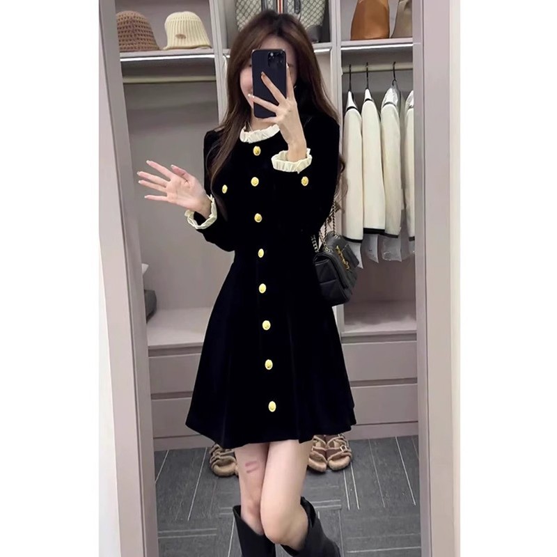 欧洲站法国天鹅绒连衣裙秋季服装小女人生日聚会黑色赫本风格的高