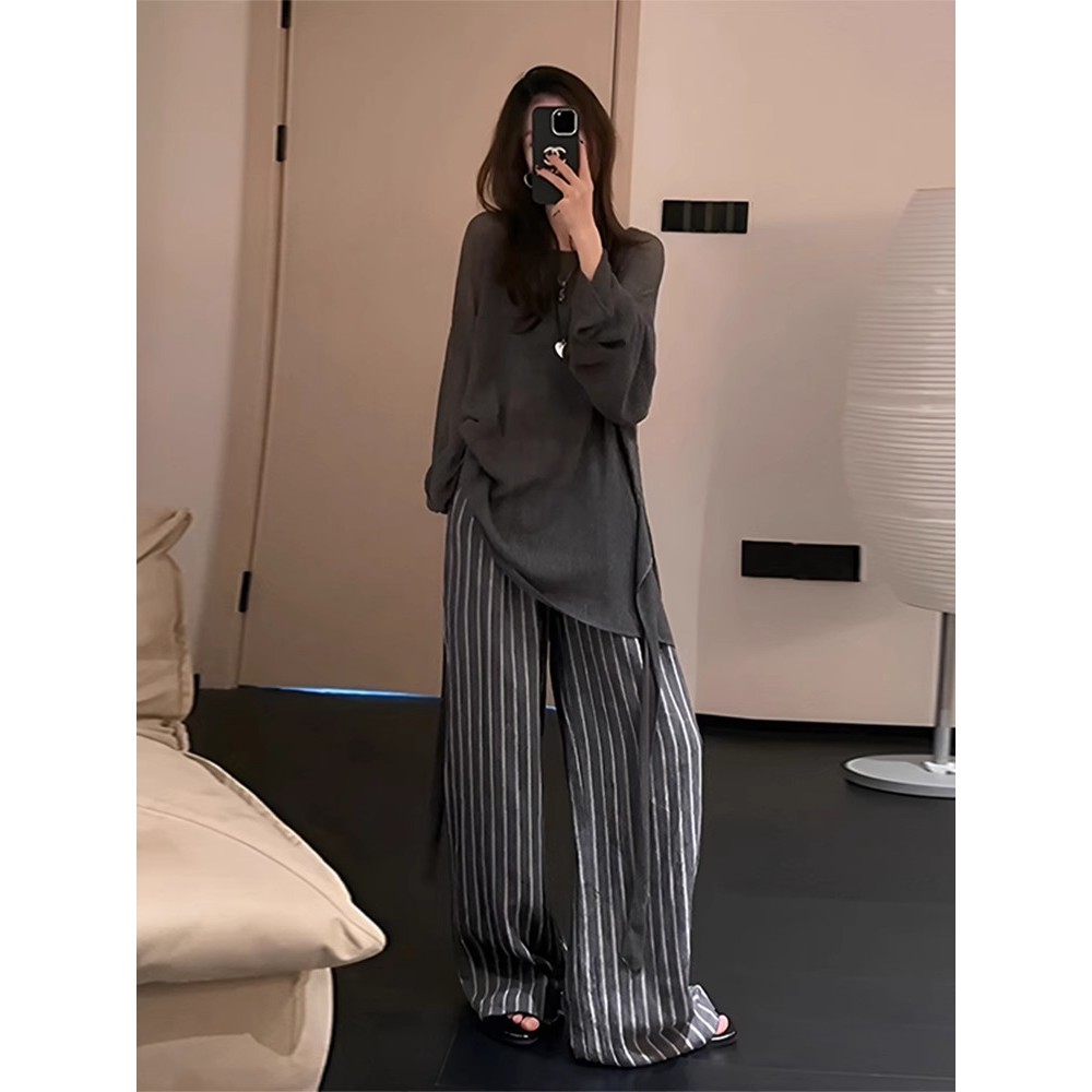 LILY MOST2025春季镂空T恤条纹阔腿裤两件套冷淡系慵懒宽松套装女