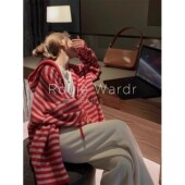 浣熊绒条纹连帽毛衣外套女秋冬慵懒拉炼针织开衫 Rouje Wardr法式