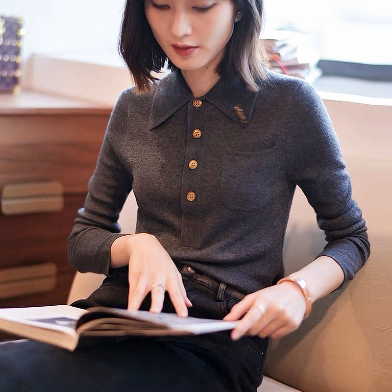 2024秋冬新款鑫欣阿玛施艾正品官网代购POLO领羊绒羊毛衬衫衣女装