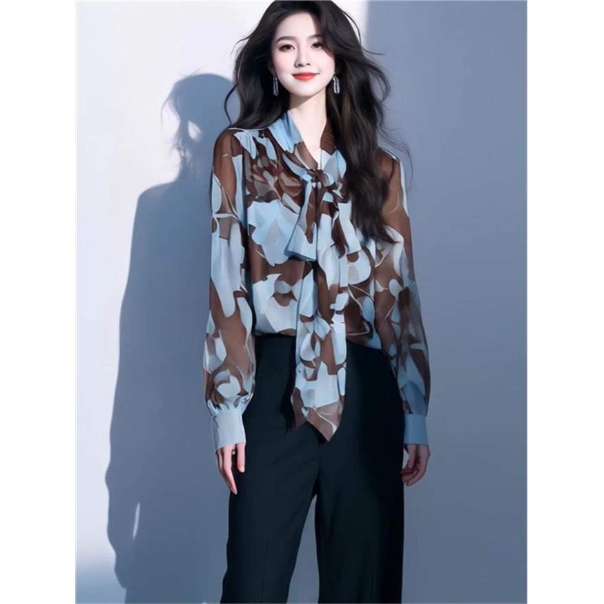 法式覆古蝴蝶结系带长袖衬衫女2025夏季遮肉显瘦洋气时髦真丝上衣