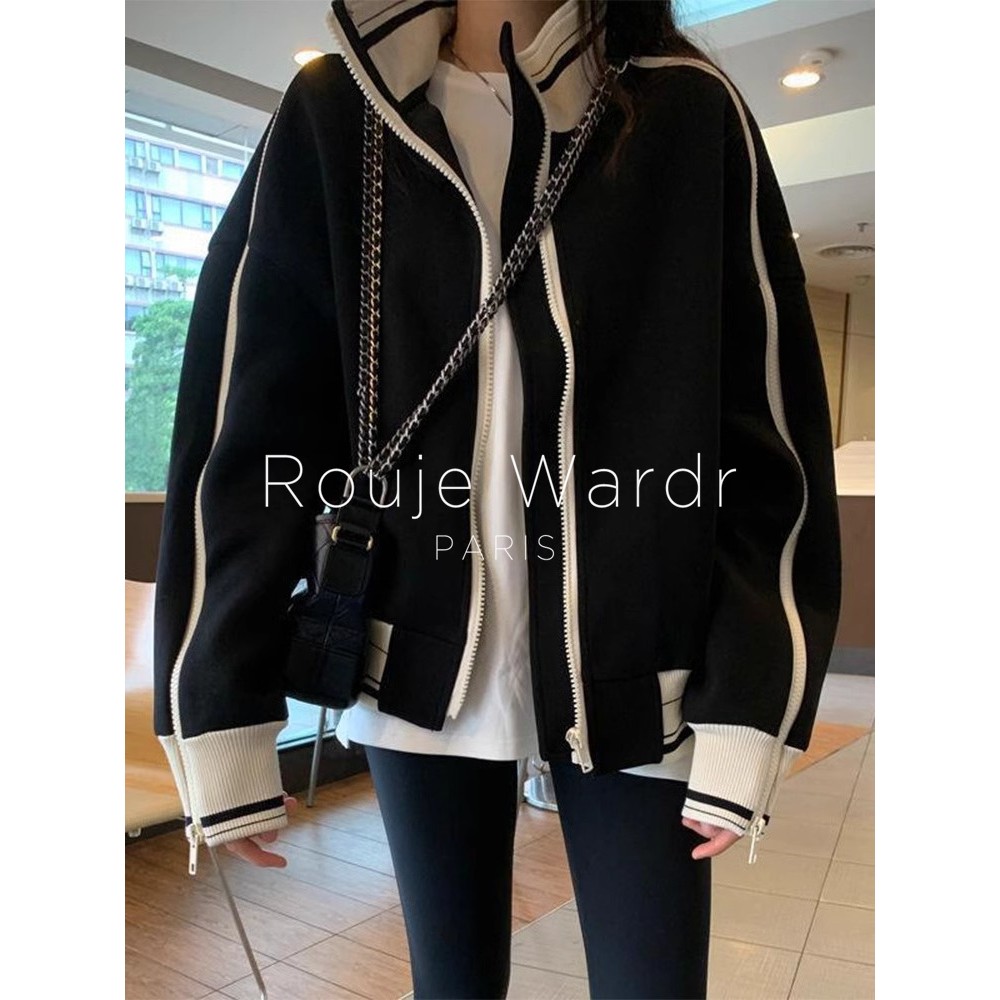Rouje Wardr法式立领拉链棒球服外套女秋冬季小香风休闲夹克上衣