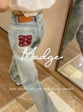 S.andro Madge复古刺绣直筒阔腿牛仔裤女2024秋季高腰显瘦休闲裤