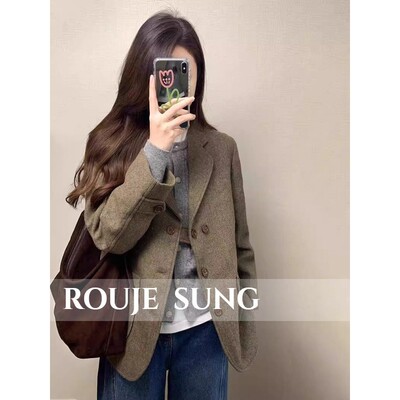 ROUJE SUNG~高级感毛呢外套女秋冬季新款覆古宽松西装人字纹大衣
