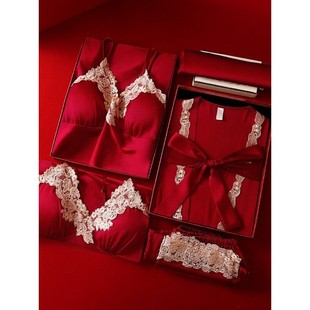 维多利亚红色睡衣女真丝五件套性感春夏季吊带睡裙新娘晨袍送闺蜜