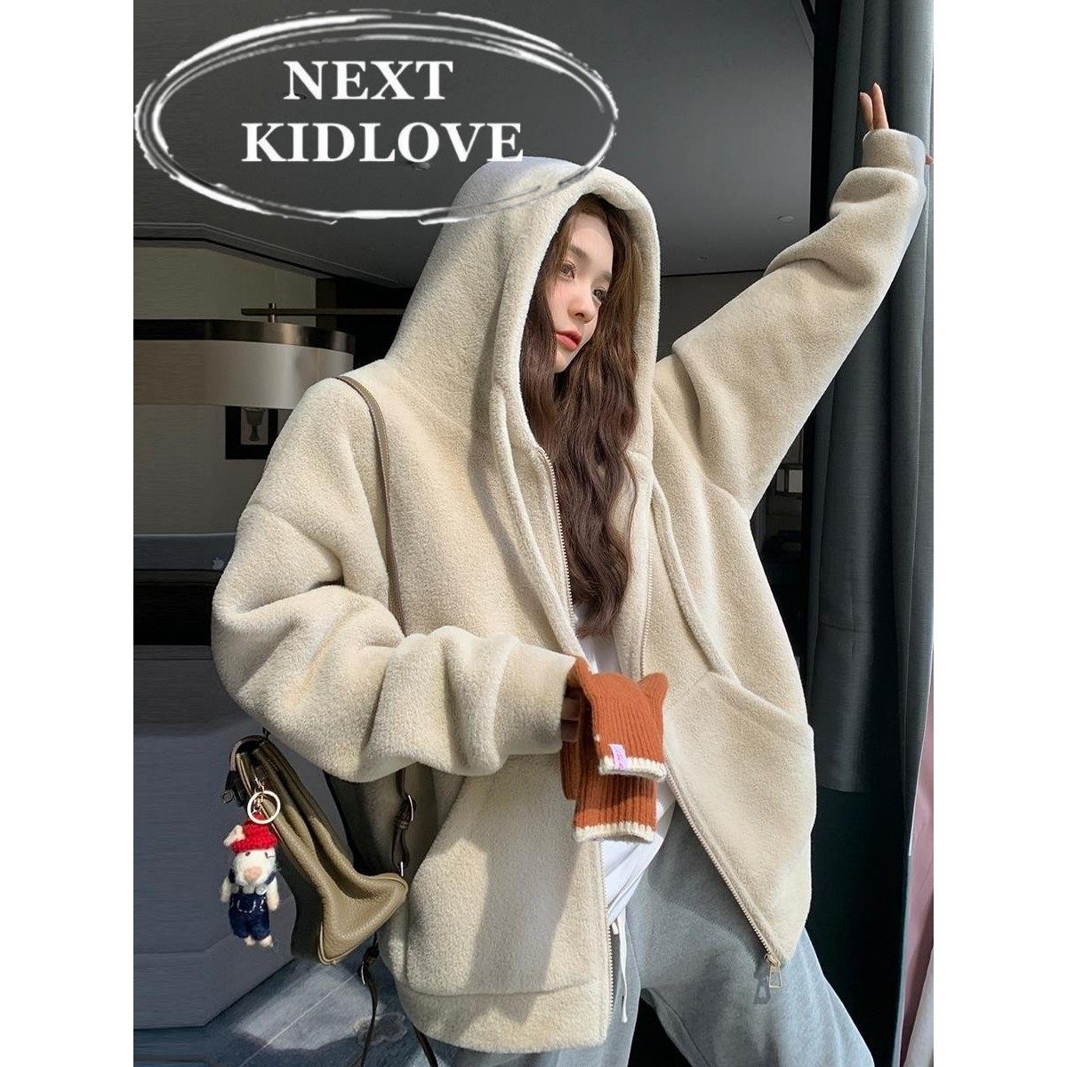 日本代购韩系羊羔毛连帽卫衣外套女冬2025慵懒风加厚拉炼开衫上衣,女装/女士精品,短外套,淘宝优惠券,粉丝福利购,淘宝优惠卷